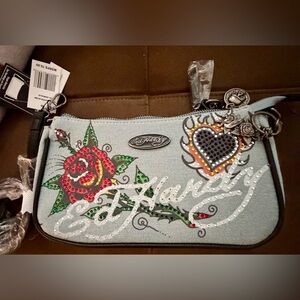 Ed Hardy Denim Rose and Heart Embellished Crossbody Clutch NWT